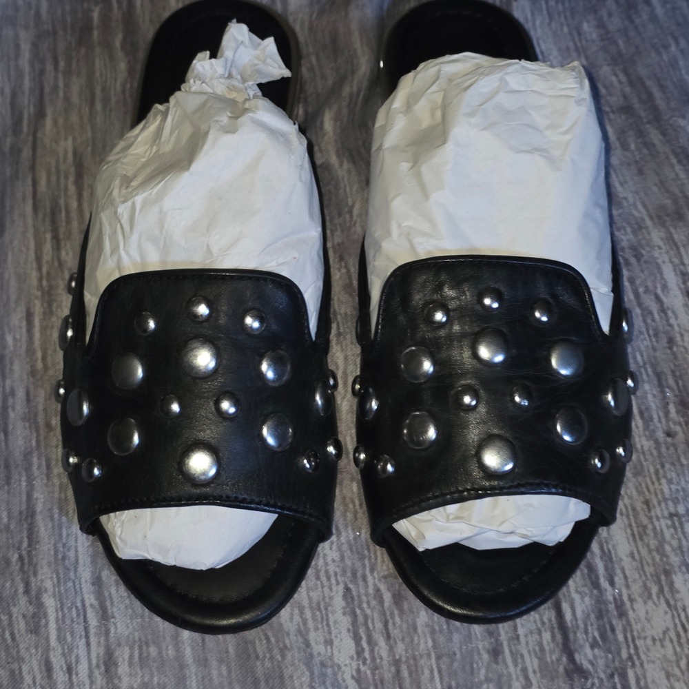 Schutz Black‎ Leather Studded Slide Sandals Silver Metallic Block Heel 7B Brazil